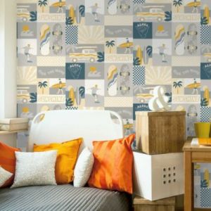 Papier peint intissé Les aventures surf jaune et gris L.1005 x l.53cm Lutèce