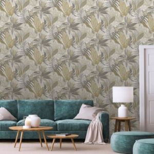 Papier peint vinyle intissé Protea feuillage jaune ocre, gris L.1005 x l.53cm Lutèce