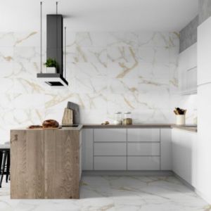 Carrelage sol et mur en grès cérame émaillé effet marbre blanc et doré mat L.60 x l.30 cm x ép.9 mm, Fiordo