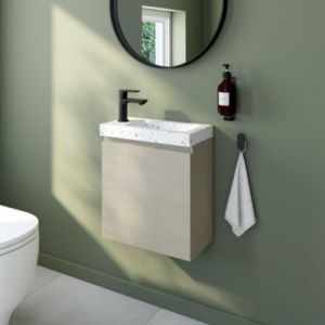 Meuble lave mains suspendu effet chêne l.45 cm + plan vasque lave mains terrazzo, Calao