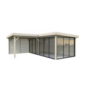 Abri / Studio de jardin Palmako Lenna "Set 414" bois naturel ép.28 mmsurface totale 19,7m² + pergola 9.8m²