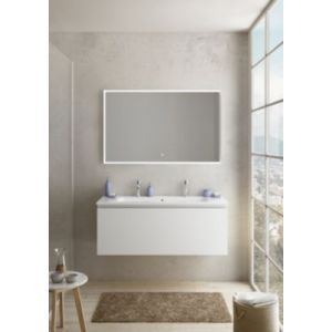 Meuble vasque suspendu blanc mat l.120 cm + plan vasque blanc brillant céramique pour 2 robinets, Pura+