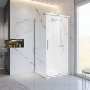 Paroi lat&eacute;rale fixe pour porte de douche coulissante l.90xH.200cm, verre transparent anticalcaire 8mm, profil&eacute; chrom&eacute;, Schulte NewStyle