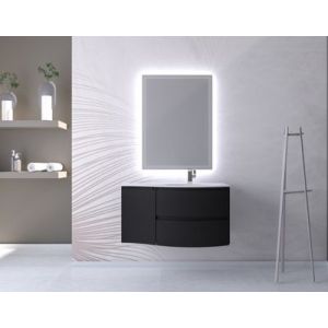 Ensemble Vague L.104 cm meuble sous vasque noir mat à suspendre + complément gauche + plan vasque résine blanc