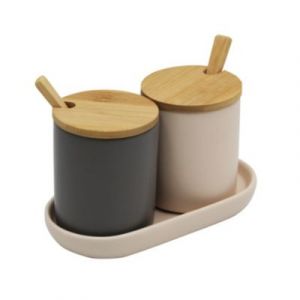 2 pots &agrave; &eacute;pices en c&eacute;ramique avec couvercles et cuill&egrave;res en bambou Box & Beyond