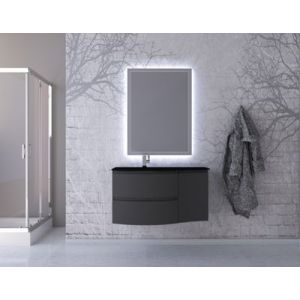 Ensemble Vague L.104 cm meuble sous vasque à suspendre graphite mat + complément droit + plan vasque verre noir mat