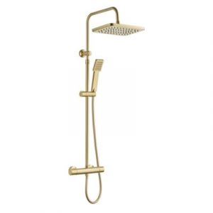 Colonne de douche thermostatique carrée avec douchette, pomme de douche, barre réglable et mitigeur, doré brossé, Edouard Rousseau Vorak