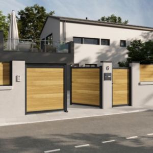 Portail battant Neva aluminium effet bois l.300 x H.168 cm Klikstrom