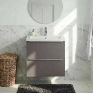 Meuble vasque suspendu faible profondeur gris taupe brillant l.60 cm Imandra + plan vasque blanc c&eacute;ramique Nira, GoodHome