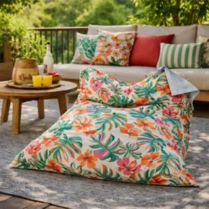 Maxi coussin d&eacute;perlant int&eacute;rieur / ext&eacute;rieur imprim&eacute; tropical vert, rose 140 x 120 cm