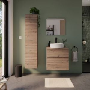 Meuble vasque faible profondeur suspendu effet chêne artisan l.60 cm + plan de toilette, Calao