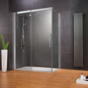 Porte de douche coulissante avec paroi latérale ouverture gauche l.140+80xH.200 cm verre anticalcaire, profilé chromé, Schulte MasterClass