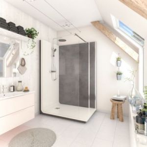 Cabine de douche &agrave; l&rsquo;italienne l.90 x L.140 x H.218 cm &ndash; effet pierre charbon, receveur de plain-pied, Elmer Serenity