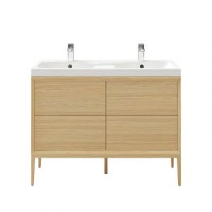 Meuble sous vasque GoodHome Avela placage chêne 120 cm + plan double vasque en résine blanc GoodHome Mila 120 cm + pieds
