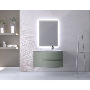 Ensemble Vague L.104 cm meuble sous vasque à suspendre kaki mat + complément gauche + plan vasque résine blanc