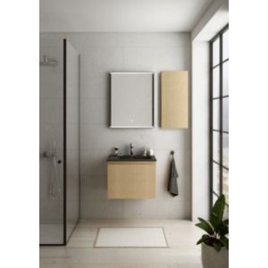 Meuble vasque suspendu plaqué chêne miel strié l.60 cm + plan vasque noir mat résine, Pura+