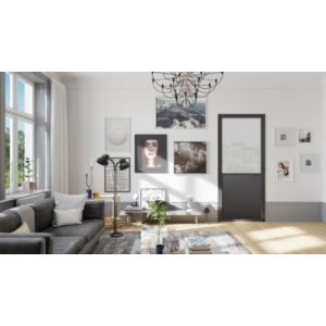 Bloc Porte Contemporain H. 204 X 93 X 3 cm cadre en aluminium noir et verre Depoli blanc Poussant Gauche