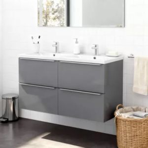 Meuble vasque suspendu gris brillant l.120 cm Imandra + plan double vasque blanc r&eacute;sine Mila, GoodHome