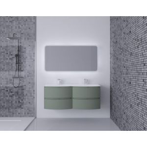 Ensemble Vague L.138 cm meuble sous vasque à suspendre kaki mat + plan double vasque verre blanc