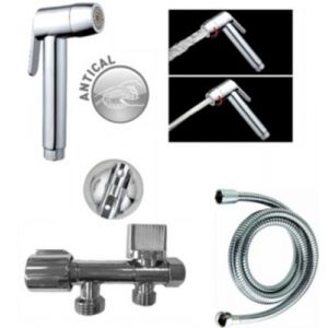 Kit hygiène WC avec douchette 2 jets + flexible + support mural + robinet alimentation, chrome, MTK Harmonie