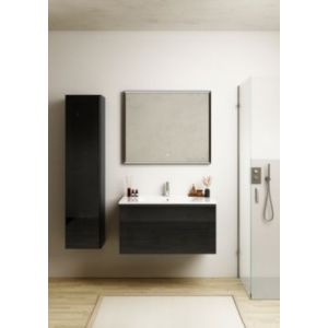Meuble vasque suspendu noir mat et verre fum&eacute; l.90 cm + plan vasque blanc brillant r&eacute;sine, Pura+