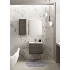 Meuble vasque suspendu effet chêne Metz l.60 cm + plan vasque blanc mat résine, Pura+
