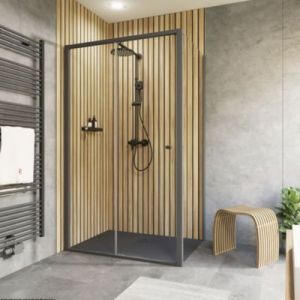 Porte de douche coulissante avec paroi lat&eacute;rale gauche l.140+80 x H.200 cm, verre transparent, profil&eacute; noir, Schulte Trend2.0