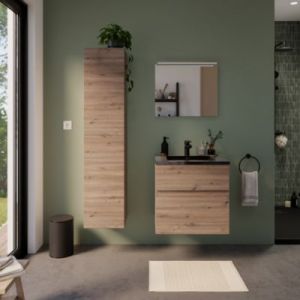Meuble vasque suspendu effet chêne artisan l.60 cm + plan vasque noir en résine, Calao
