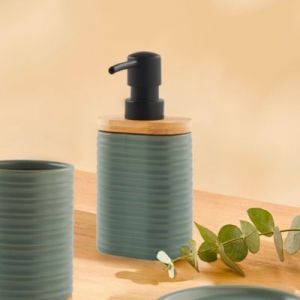 Distributeur de savon en céramique vert sauge et bambou l.5 x H.16,2 x P.8 cm, Levasseur Lily