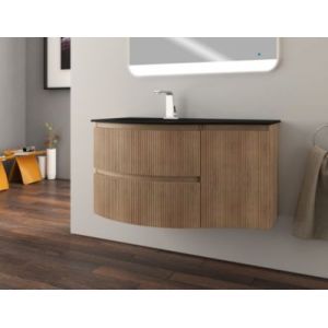 Ensemble sous vasque + plan vasque à gauche verre noir l.104 cm, effet bois strié, Vague