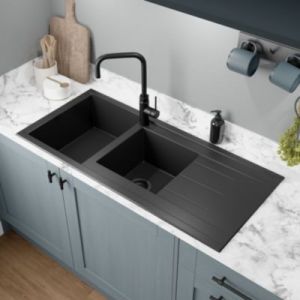 Évier de cuisine en résine noir 2 bacs à encastrer et égouttoir GoodHome Keluak