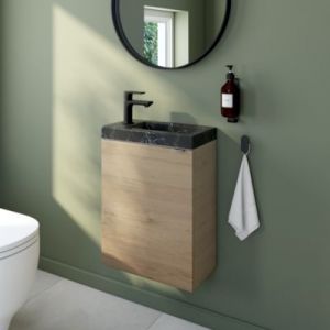 Meuble lave-mains &agrave; poser effet ch&ecirc;ne l.44 cm Imandra + plan vasque effet marbre noir, GoodHome
