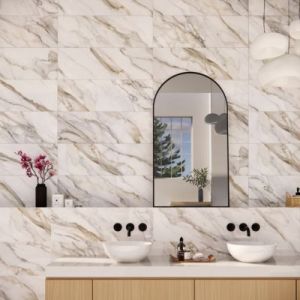 Fa&iuml;ence murale effet marbre brillant blanc et dor&eacute; L.90 x l.30 cm x &eacute;p.8,7 mm - lot de 5, GoodHome Oazis