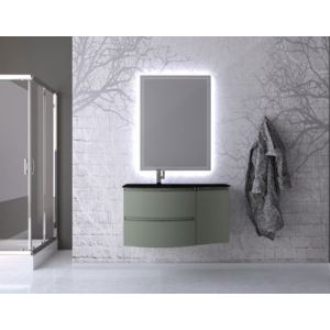 Ensemble Vague L.104 cm meuble sous vasque à suspendre kaki mat + complément droit + plan vasque verre noir mat