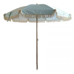 Parasol centr&eacute; droit rond ouverture manuelle toile ray&eacute;e bleu et blanc Oviala Gaya
