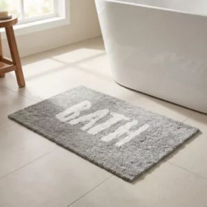 Tapis de bain rectangulaire GoodHome Hebo coloris gris min&eacute;ral et blanc en coton et polyester L.80 x l.50 cm