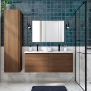 Ensemble sous vasque effet noyer 2 tiroirs + plan vasque blanc en céramique l.120 cm, GoodHome Levanna