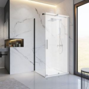 Paroi lat&eacute;rale fixe pour porte de douche coulissante l.80xH.200cm, verre transparent anticalcaire 8mm, profil&eacute; noir, Schulte NewStyle