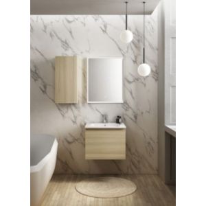 Meuble vasque suspendu effet chêne l.60 cm + plan vasque blanc mat résine, Pura+