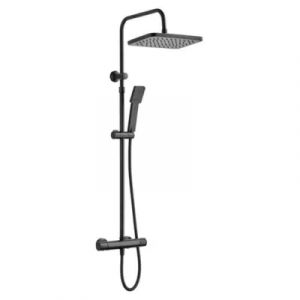 Colonne de douche thermostatique carrée avec douchette, pomme de douche, barre réglable et mitigeur, noir mat, Edouard Rousseau Vorak