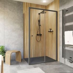 Porte de douche coulissante avec paroi lat&eacute;rale droite l.140+90 x H.200 cm, verre transparent, profil&eacute; noir, Schulte Trend2.0