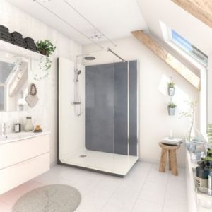 Cabine de douche &agrave; l&rsquo;italienne l.90 x L.140 x H.218 cm &ndash; effet b&eacute;ton, receveur de plain-pied, Elmer Serenity