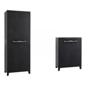 Lot de 2 armoires de rangement en r&eacute;sine haute et basse H. 172 cm et H. 88 cm