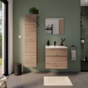 Meuble vasque faible profondeur suspendu effet chêne artisan l.60 cm + plan vasque blanc en résine, Calao