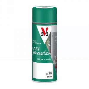 Bombe de peinture ext&eacute;rieure bois, fer, plastique blanc RAL 9016 satin V33 Easy R&eacute;novation 400 ml