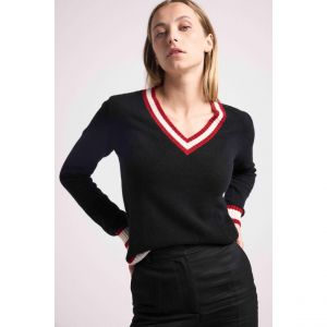 Pull col V cricket college LEONIE en cachemire noir et rib rouge et blanc