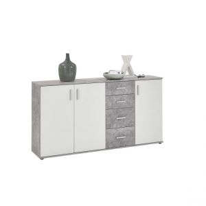 Comode 3 portes et 4 tiroirs  ALBI 3 gris béton et blanc