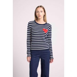 Pull mariniere col rond love heritage ARIANE en cachemire bleu c?ur rouge