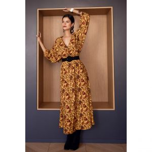 Robe longue imprimée toile de jouy- Ava jaune en viscose