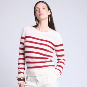 Pull marinière avec boutons blanc et rouge en cachemire